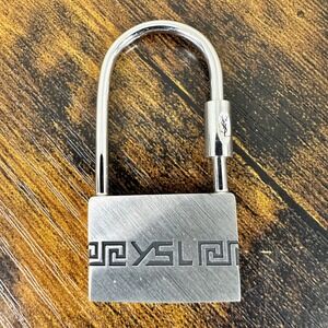YSL Yves Saint Laurent Padlock Bag Charm Key Ring Silver Greek Key w/Box Vintage